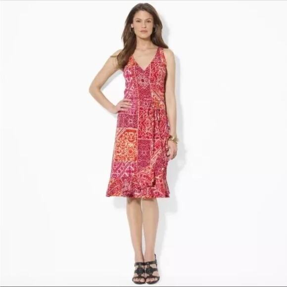 RALPH LAUREN JERSEY COTTON SLEEVELESS WRAP DRESS MULTI-COLORED PATCHWORK XS - Picture 7 of 8